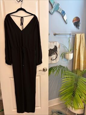 White House Black Market Black V-Neck Long Sleeve Jumpsuit with Tie Waist